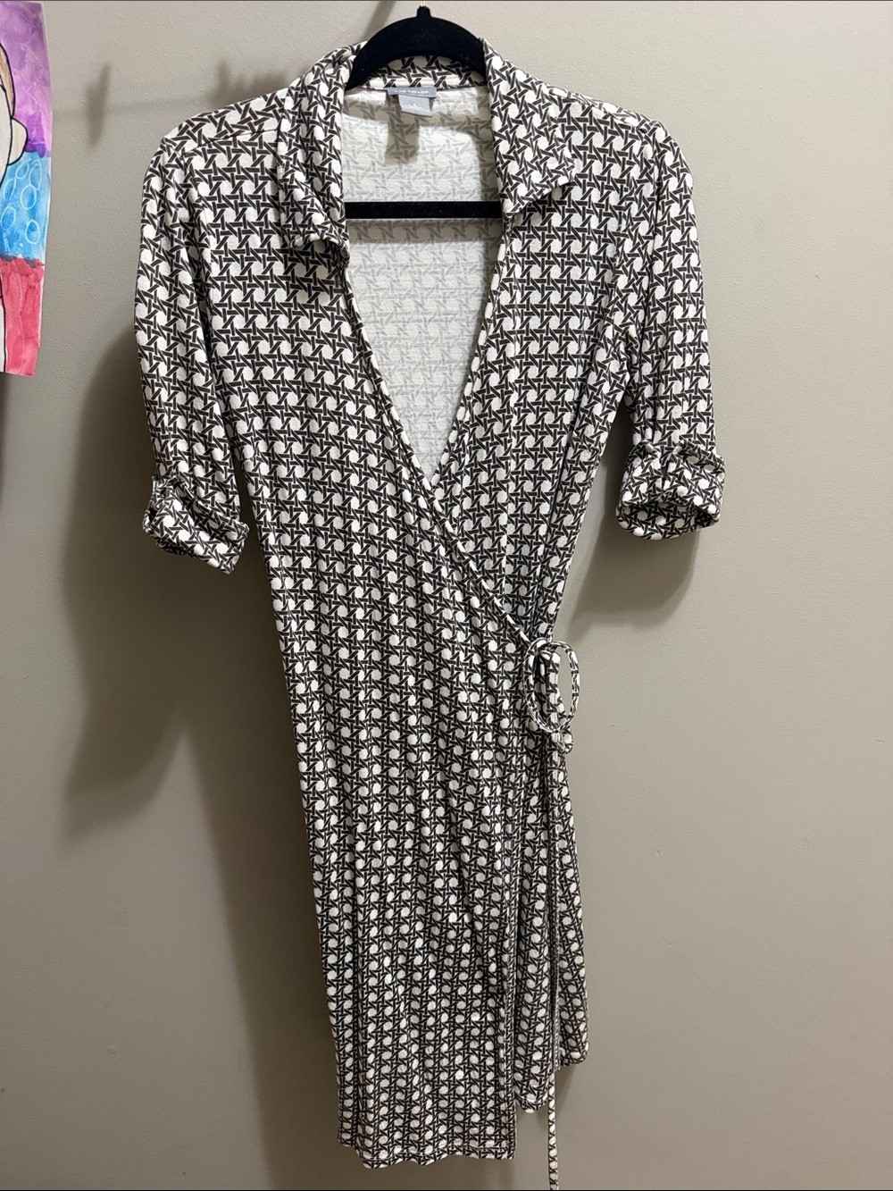 Ann Taylor Brown and Cream Geometric Wrap Dress
